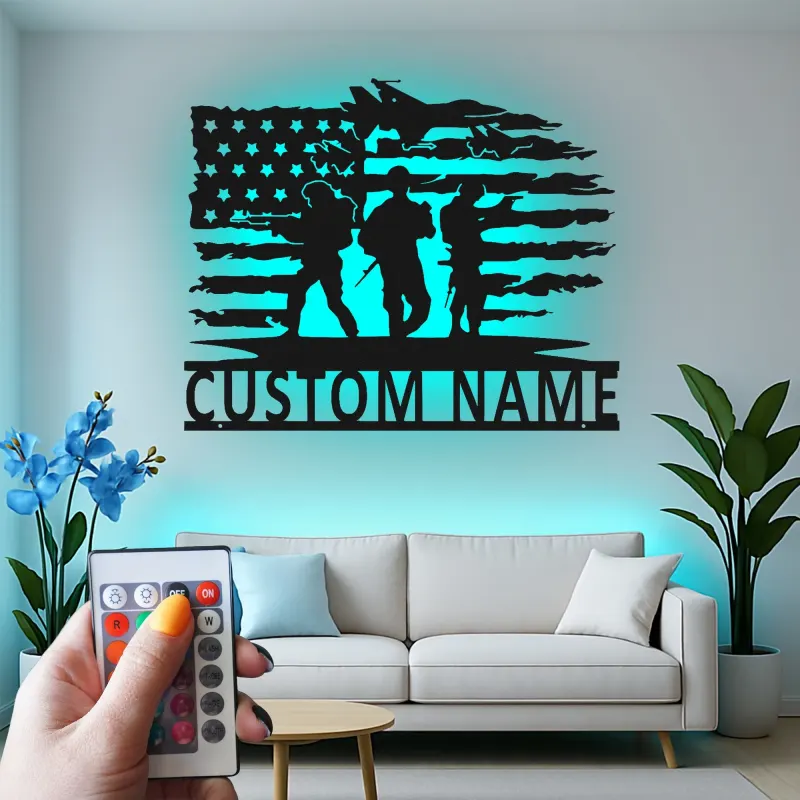 Custom Soldier Flag Metal Sign | Patriotic LED Wall Art | Personalized Military Decor for Veteran Man Cave