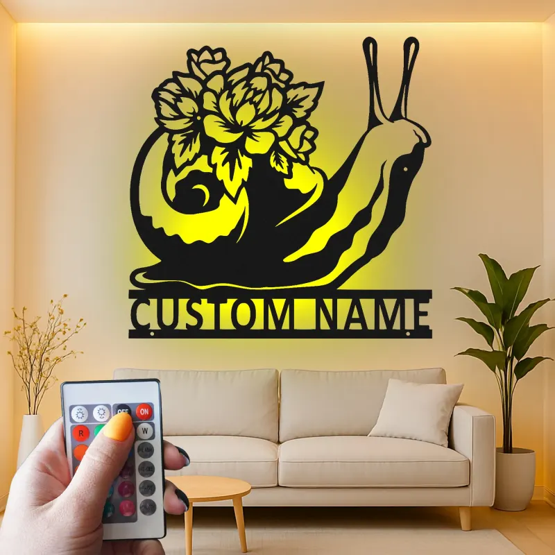 Panneau en métal personnalisé avec escargot | Décoration florale de jardin sur mesure avec LED | Cadeau pour amoureux de la nature | Déco patio et maison