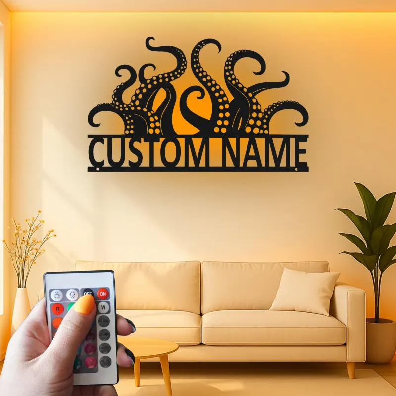 Cartel LED personalizado de tentáculos de pulpo | Arte de metal con nombre personalizado | Decoración náutica para negocios y hogar costero | Regalo para amantes del mar