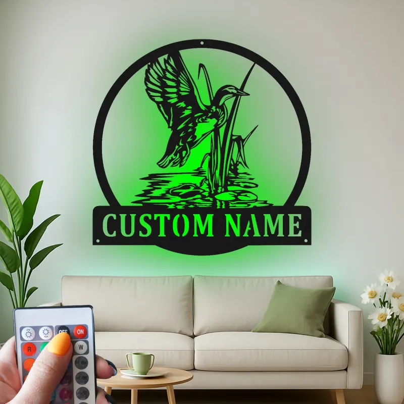 Personalisierte LED-Metall-Wandkunst mit Entenjagd-Motiv – Geschenk für Jäger, rustikale Hüttendeko