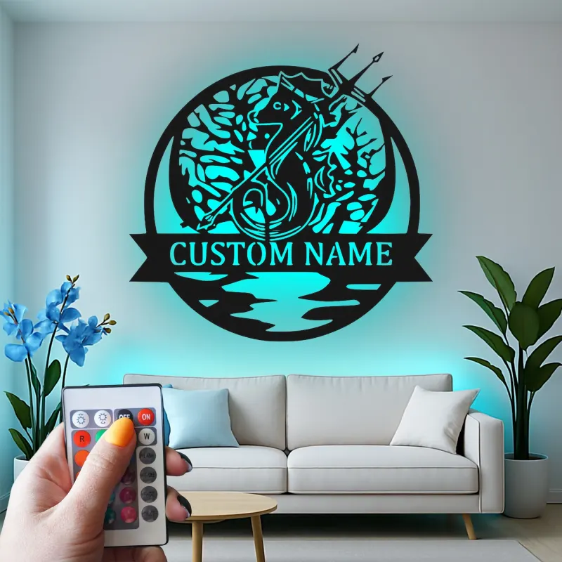 Panneau LED Personnalisé Hippocampe avec Trident | Art Murale en Métal pour Maison de Plage | Décor Nautique Personnalisé