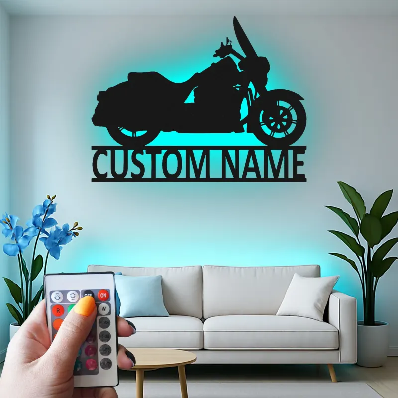 Custom Cruiser Motorcycle LED Sign | Black Metal Wall Art | Personalized Biker Silhouette | Man Cave Decor & Garage Gift for Him
