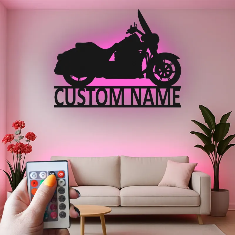 Custom Motorcycle Led Light Metal Wall Art Personalized Biker Gift for Him Garage or Man Cave Decor