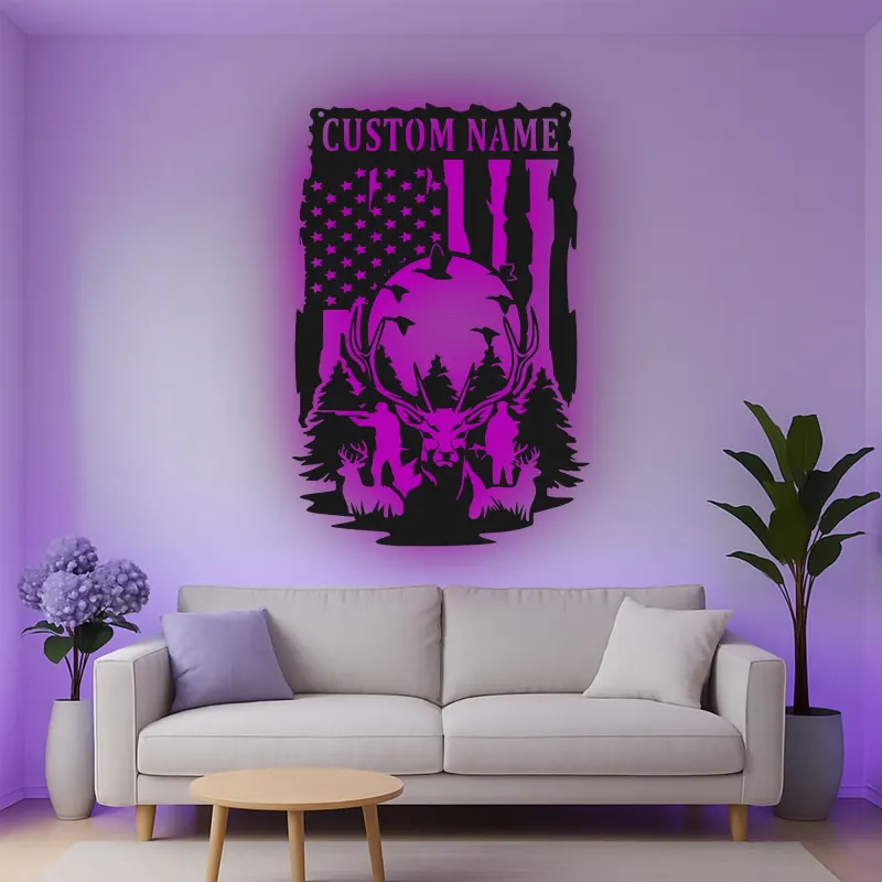 Décoration murale en métal personnalisée pour chasseurs de cerfs avec rétroéclairage LED - Cadeau personnalisé pour chasseurs - Décor de cabane rustique
