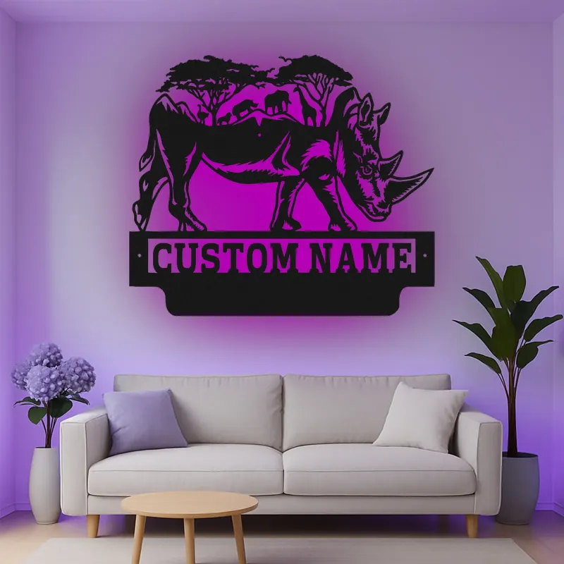Custom Rhino Safari Led Light Metal Wall Art Personalized Wildlife Gift Living Room or Office Decor 1