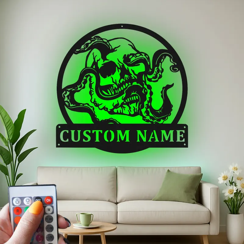 Panneau en métal LED Crâne & Pieuvre | Décoration murale nautique gothique personnalisée | Décor de pirate sur mesure pour salle de loisirs, bar ou studio