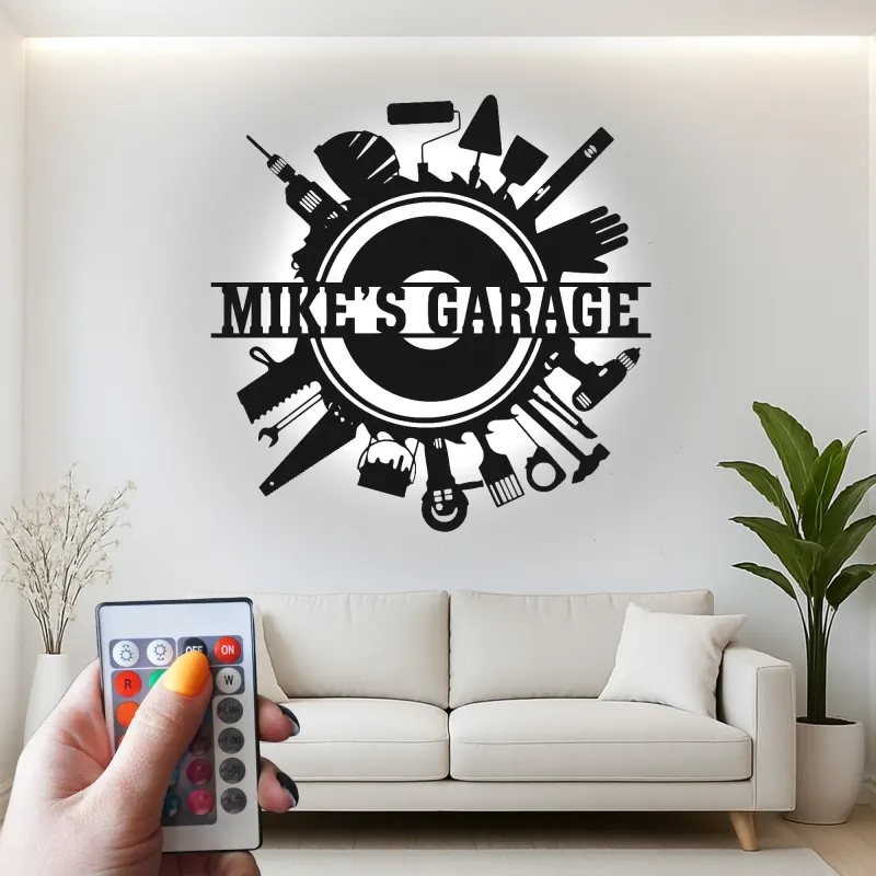 Enseigne LED personnalisée pour garage | Décoration murale en métal personnalisée avec outils | Déco atelier et man cave | Cadeau pour bricoleur
