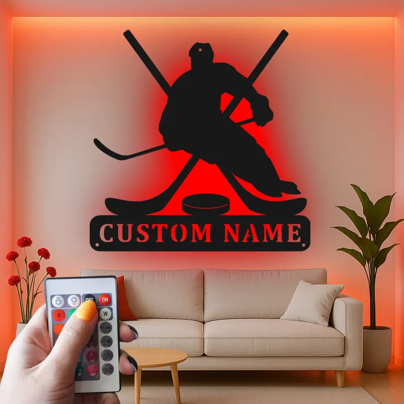 Custom Hockey Player Metal Sign | LED Light Wall Art | Personalized Game Room Decor | Hockey Fan Gift