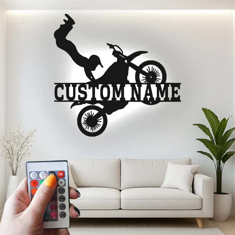 Panneau Motocross Personnalisé | Décoration murale en métal LED pour cave à vin | Décor de nom de pilote sur mesure | Cadeau de sports extrêmes
