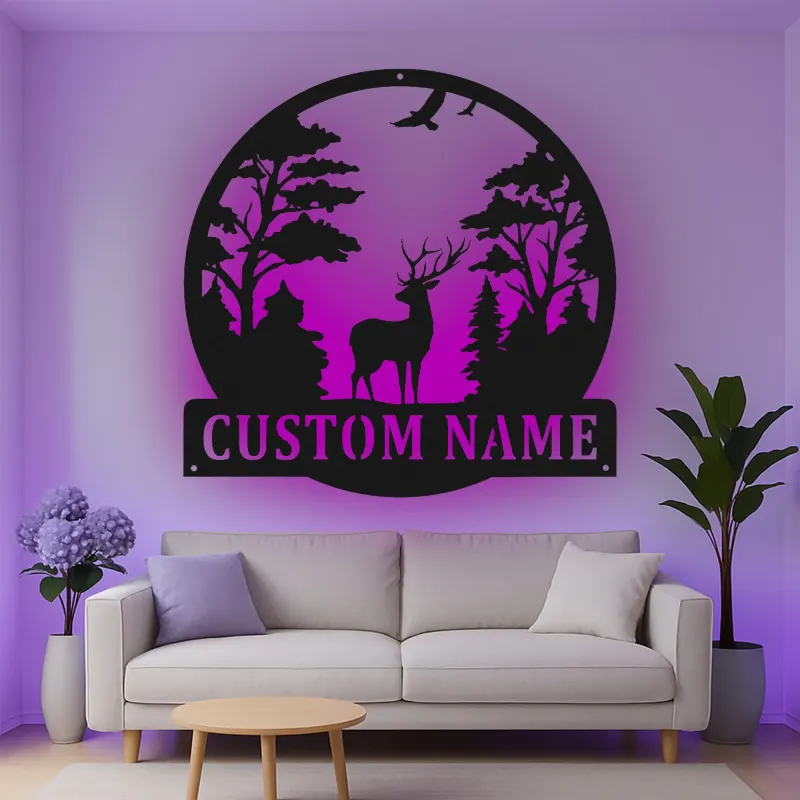 Insegna in metallo personalizzata con scena di cervo e luce LED, regalo per amanti della natura, decorazione per cabine o lodge