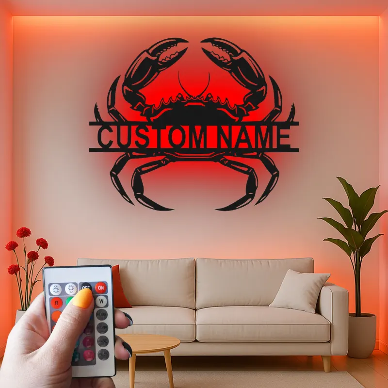Cartel de metal personalizado de cangrejo con luz LED, regalo de casa de playa costero, decoración para amantes del océano