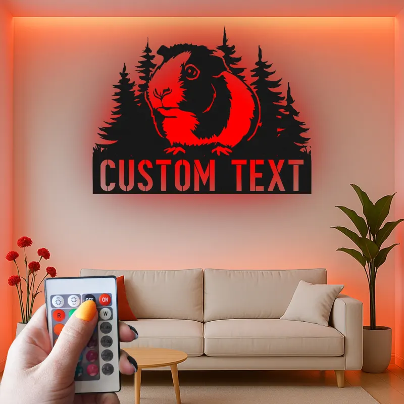 Insegna LED personalizzata con porcellino d’India | Arte murale in metallo personalizzata | Regalo per amanti degli animali per cameretta e nursery | Targa con nome dell’animale