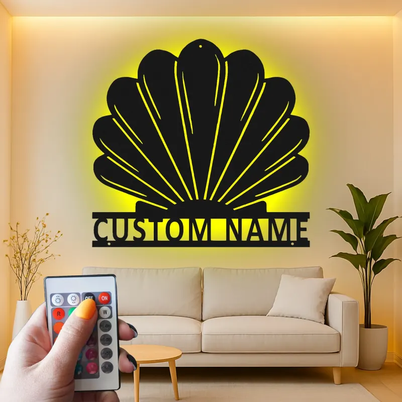 Arte in Metallo LED con Conchiglia | Insegna con Nome Personalizzata per Decorazione Costiera | Regalo Nautico per Casa al Mare