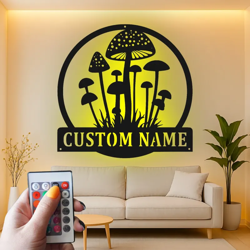 Arte da Parete LED a Forma di Fungo | Insegna con Nome Personalizzato | Decorazione Rustica per Casa, Ufficio | Regalo per Giardiniere