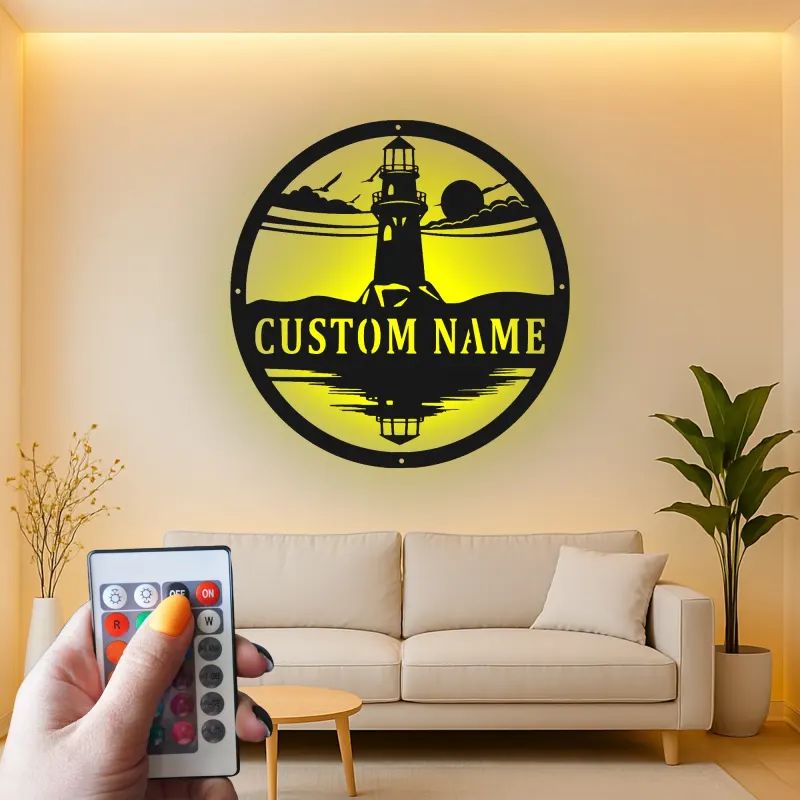 Panneau en métal phare LED personnalisé | Art mural nautique personnalisé | Décor côtier et maison de plage