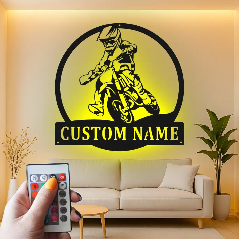Personalisierte LED-Beleuchtung Metall-Wandkunst für Motocross-Fahrer – Einzigartiges Geschenk für Dirtbike-Enthusiasten, Garage oder Spielzimmer