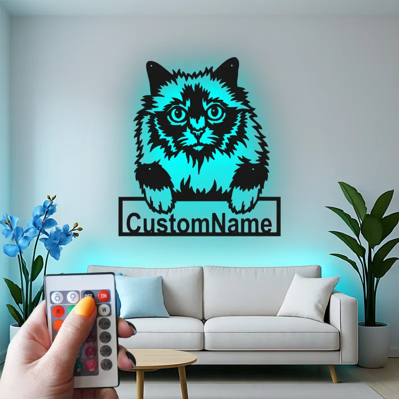 Cartel de metal LED de gato persa personalizado, regalo para amantes de mascotas, decoración para dormitorio o sala de estar