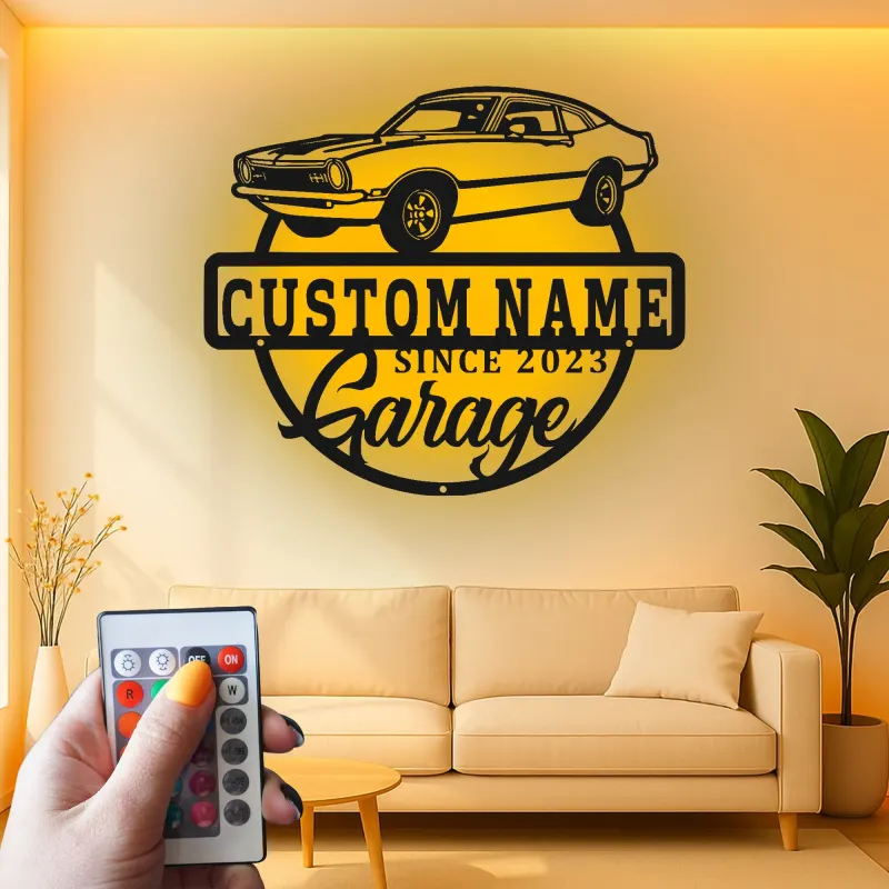 Décoration murale en métal personnalisée avec rétroéclairage LED de voiture classique - Cadeau de garage pour lui