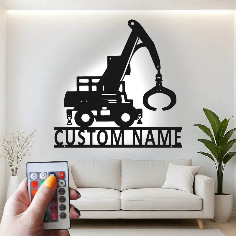 Personalisierte LED-Metall-Wandkunst mit Baukran – Geschenk für Bauprofis, Garage oder Büro