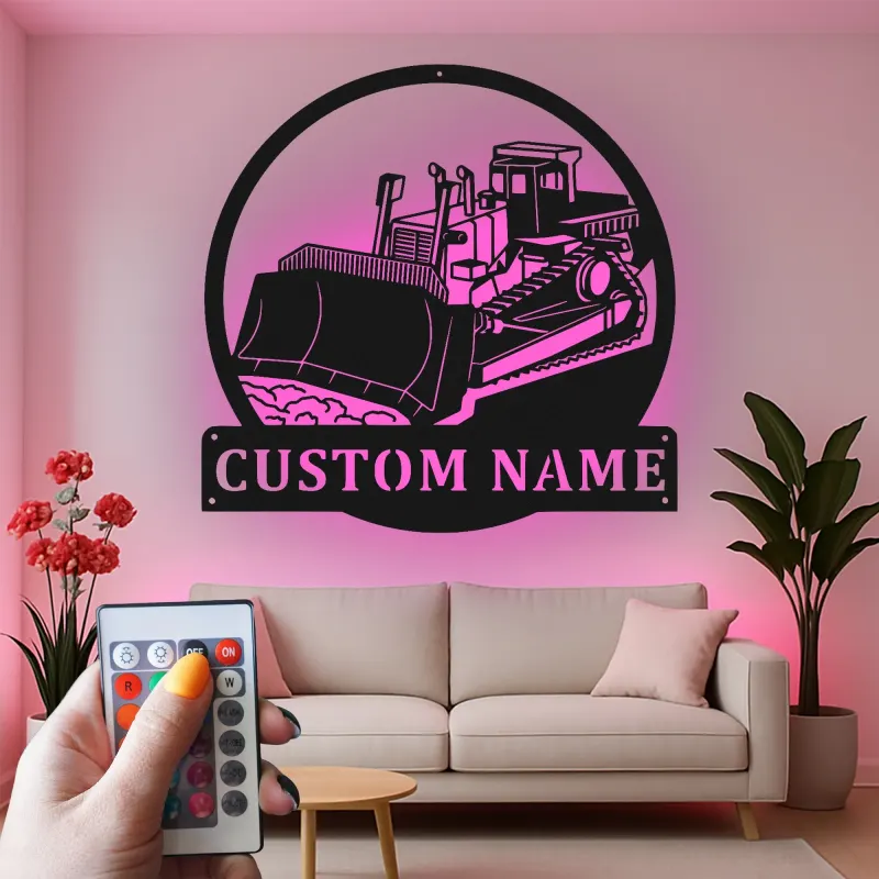 Cartel de metal LED de bulldozer personalizado, regalo de construcción para él, decoración de garaje u oficina para amantes de equipos pesados