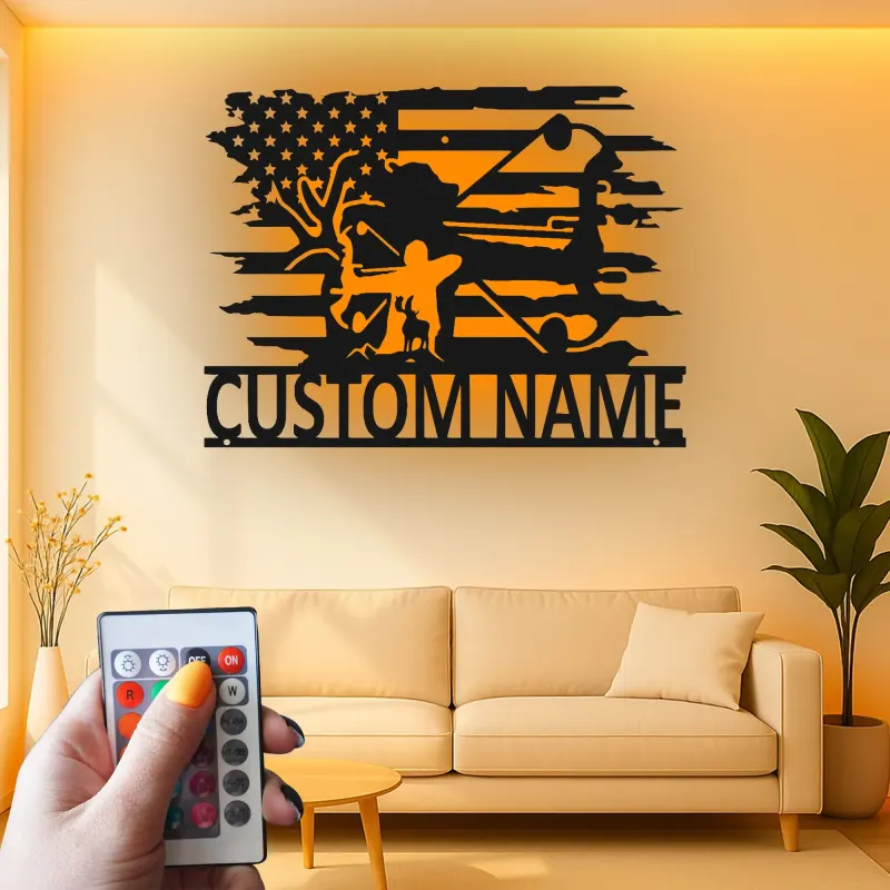 Insegna in metallo LED personalizzata per cacciatori di archi - Regalo per appassionati di tiro con l'arco - Decorazione per man cave o garage