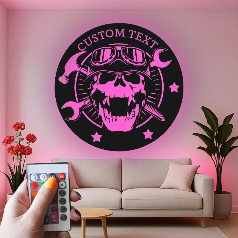 Individuelles Garagenschild mit LED | Personalisiertes Mechaniker Skull Metall Wandkunst | Vintage Biker Dekor für Werkstatt oder Man Cave