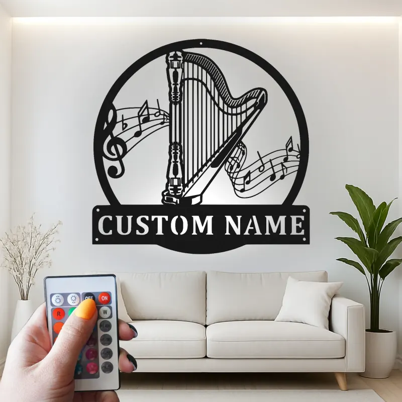 Insegna in metallo personalizzata con arpa | Decorazione LED per sala musica | Targa con nome per musicisti | Regalo per amanti dell’orchestra