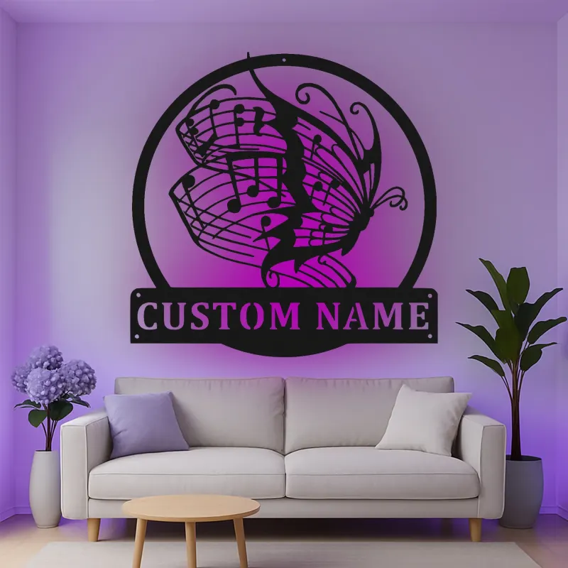 Insegna in metallo personalizzata con note musicali e farfalla luce LED regalo per amanti della musica decorazione per camera da letto o studio