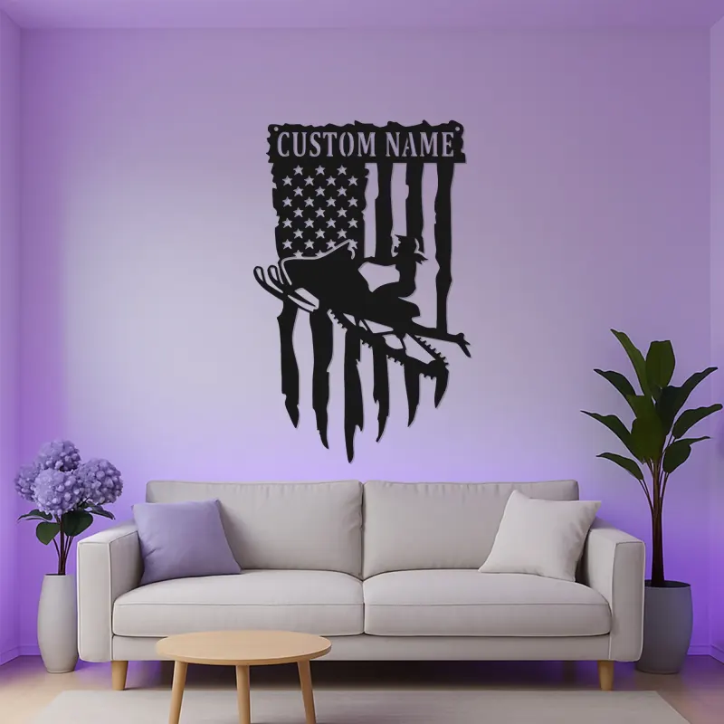 Custom Snowmobile Metal Sign | Personalized American Flag LED Wall Art | Patriotic Rider Gift | Man Cave & Garage Decor