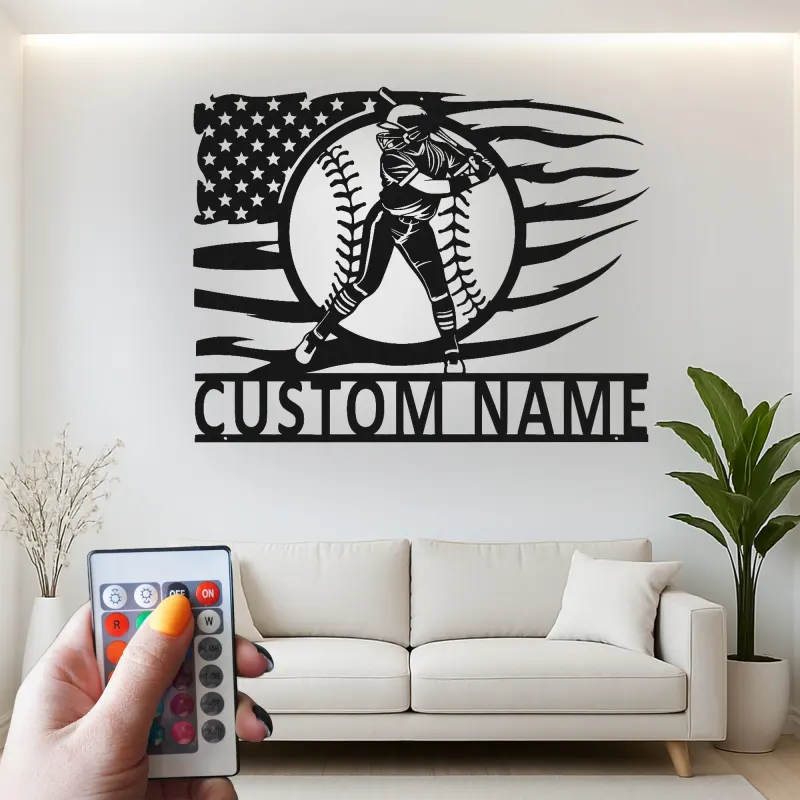 Insegna in metallo personalizzata per giocatore di softball con luce LED regalo per atleti decorazione per stanza sportiva 1