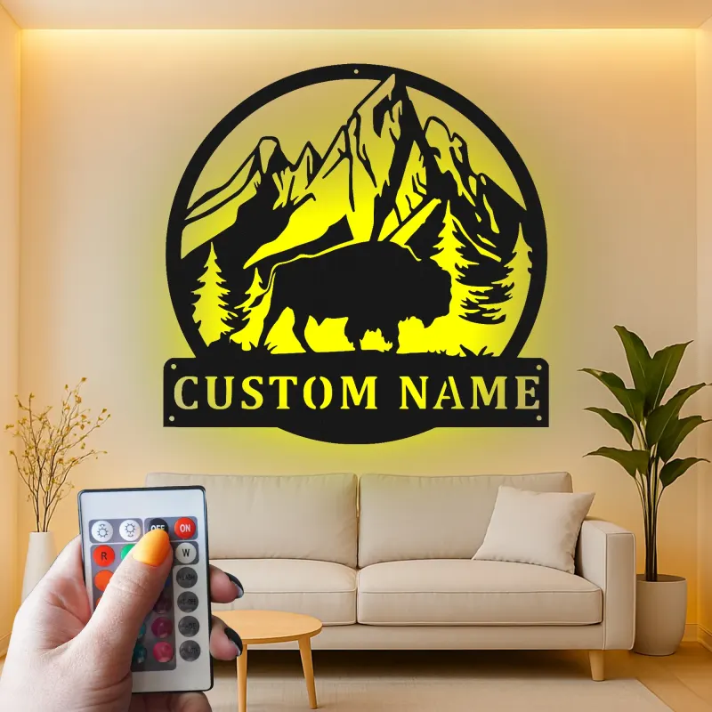 Cartel de metal LED personalizado de Bisonte y Montaña, regalo para amantes de la naturaleza, decoración rústica de cabaña 1
