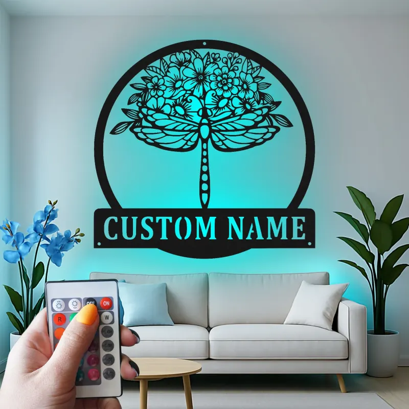 Décoration murale en métal personnalisée Libellule avec Design Floral et Rétroéclairage LED Cadeau pour Amoureux de la Nature Décor de Jardin