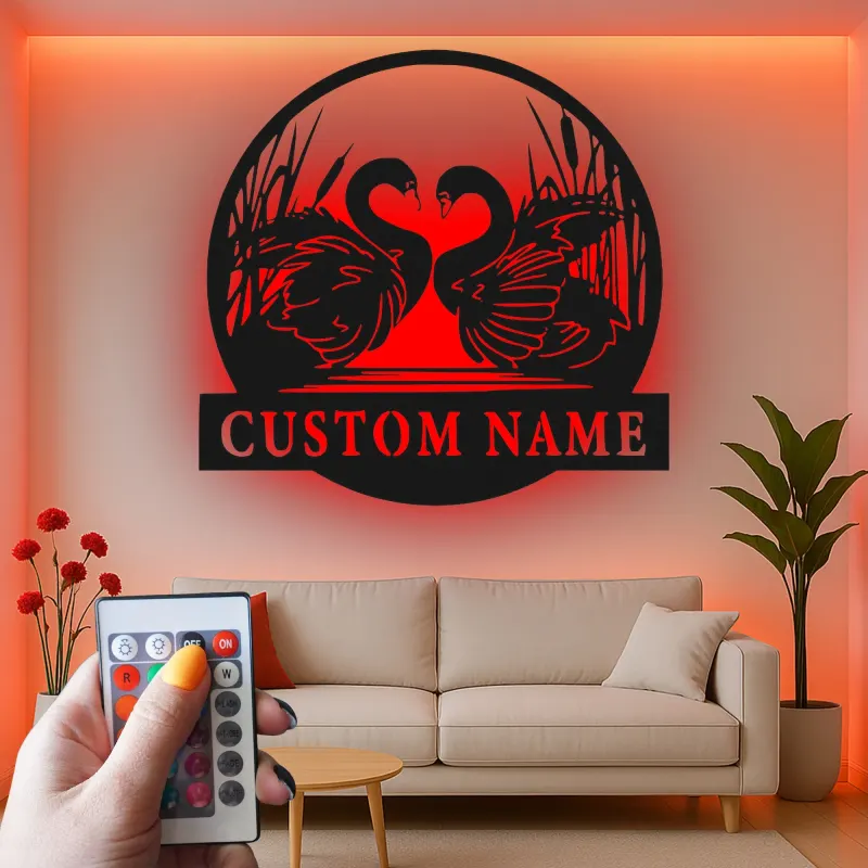 Panneau en métal personnalisé avec cygne | Décoration murale rétroéclairée pour couples | Cadeau de mariage ou d'anniversaire personnalisé | Décor romantique pour la maison
