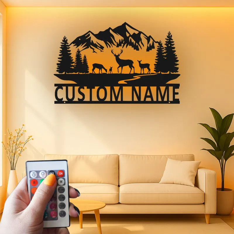 Custom Deer Mountain Scene Led Light Metal Wall Art Personalized Nature Gift for Outdoor Lovers Cabin Decor
