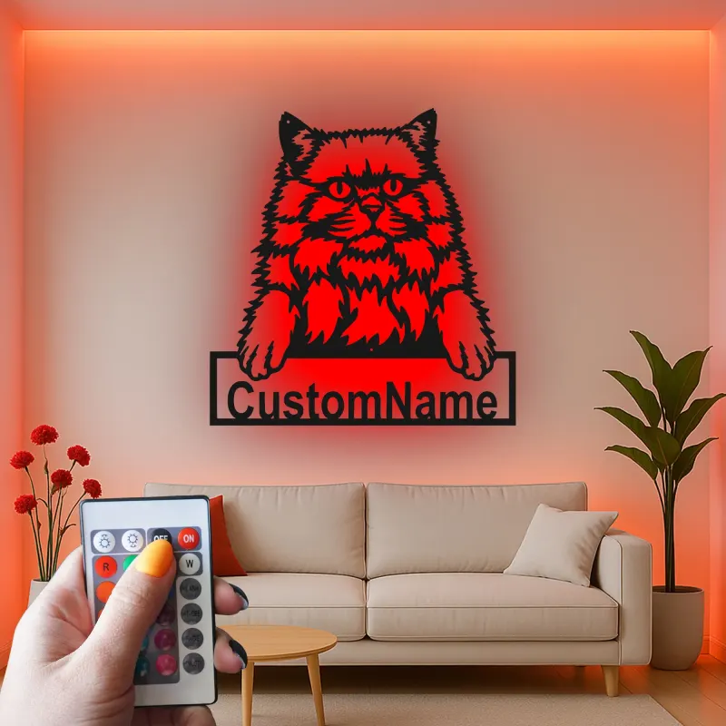 Cartel de metal LED de gato persa personalizado, regalo para amantes de mascotas, decoración para dormitorio o sala de estar 1