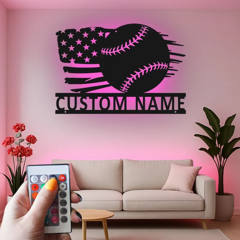 Insegna in metallo personalizzata con luce LED bandiera americana per baseball, regalo sportivo per fan del baseball, decorazione per sala giochi