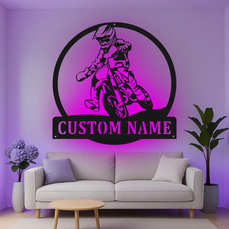 Personalisierte LED-Beleuchtung Metall-Wandkunst für Motocross-Fahrer – Einzigartiges Geschenk für Dirtbike-Enthusiasten, Garage oder Spielzimmer