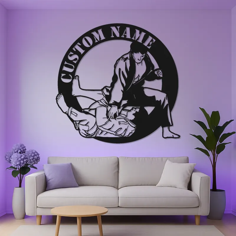 Panneau en métal LED BJJ personnalisé | Art mural de jiu-jitsu personnalisé | Décor de dojo d'arts martiaux | Cadeau de grappling pour lui