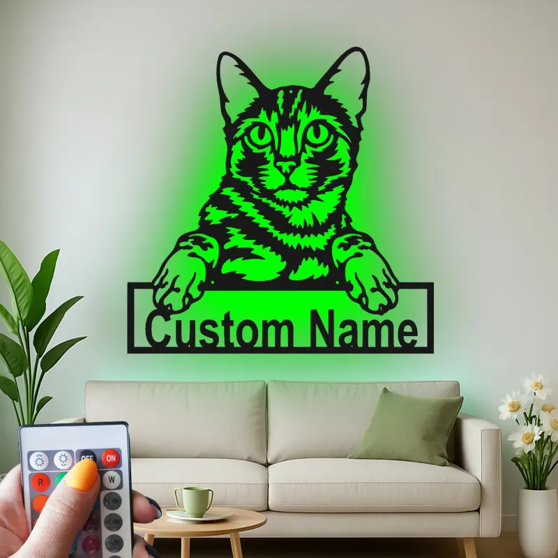 Personalisierte LED-Metall-Wandkunst mit Katze – Geschenk für Tierliebhaber, Deko für Schlaf- oder Wohnzimmer 2