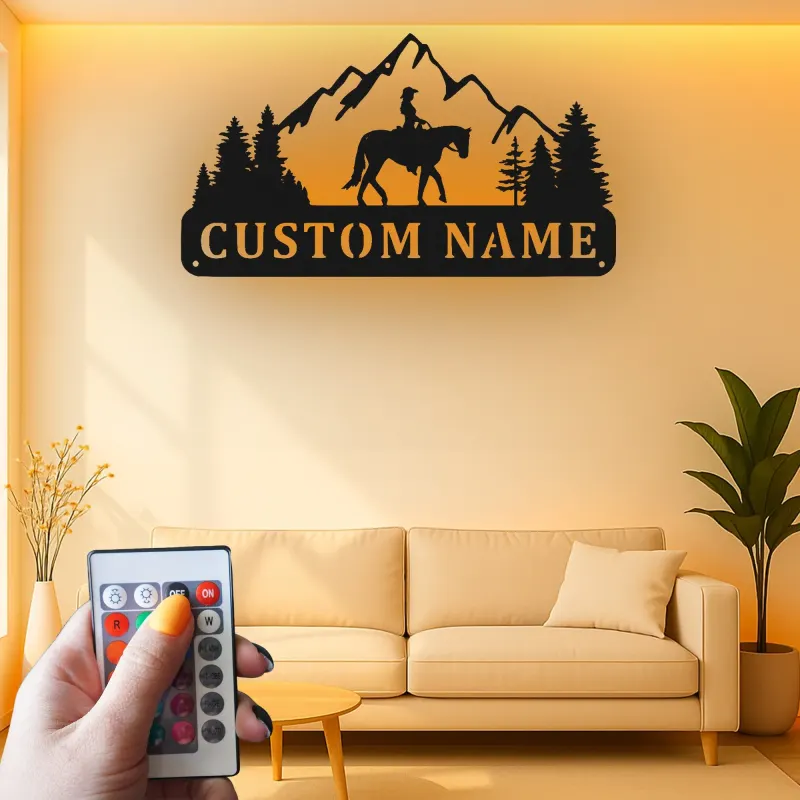 Art en métal personnalisé de cavalier de cheval | Panneau LED équestre personnalisé | Décor mural de ranch et de cabane pour cadeau