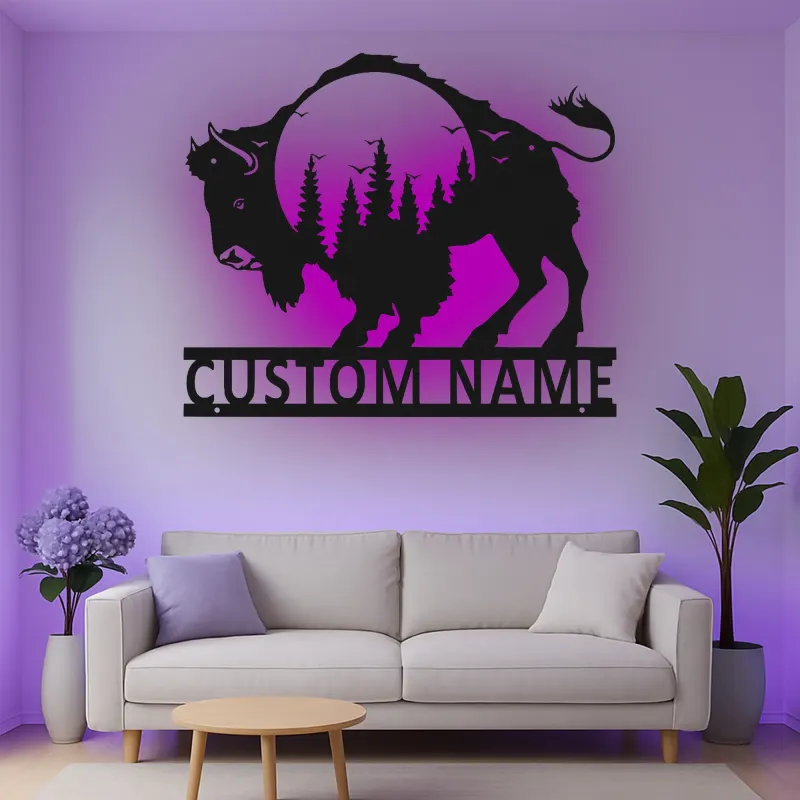 Insegna in metallo personalizzata con silhouette di bisonte retroilluminata LED regalo per amanti della fauna selvatica decorazione rustica per la casa