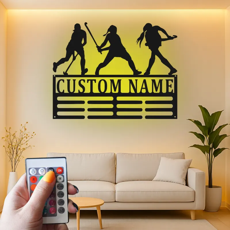Insegna LED personalizzata per hockey su prato | Insegna da parete in metallo con nome su misura | Regalo per atleta o squadra | Arredo camera