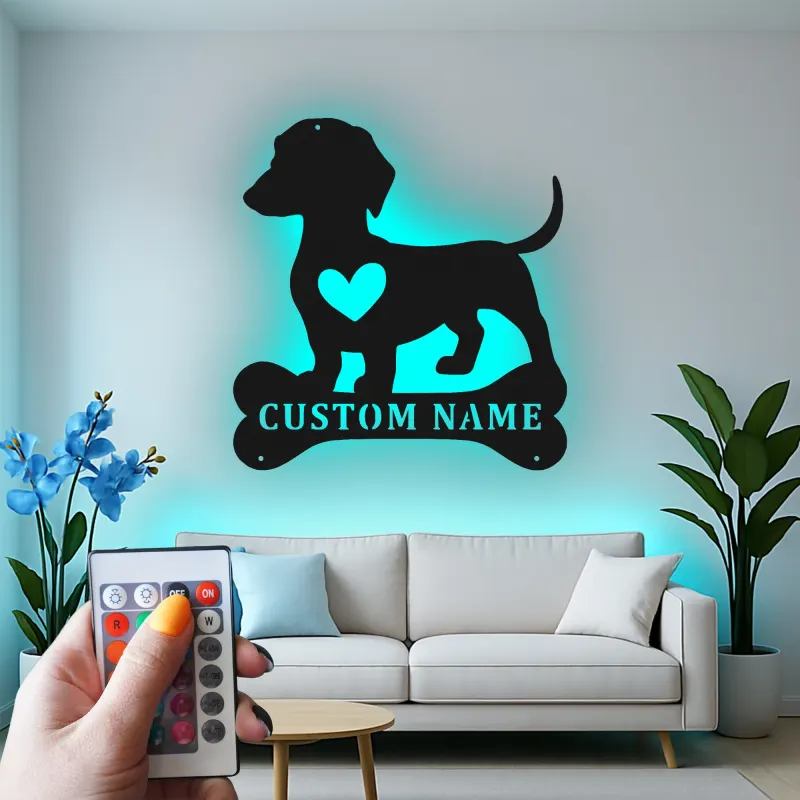Décoration murale en métal LED personnalisée pour les amoureux des chiens - cadeau pour les propriétaires de teckels pour le salon
