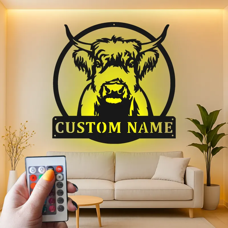 Highland Cow LED Metal Sign | Personalized Farmhouse Wall Art | Custom Family Name Decor for Rustic & Modern Homes