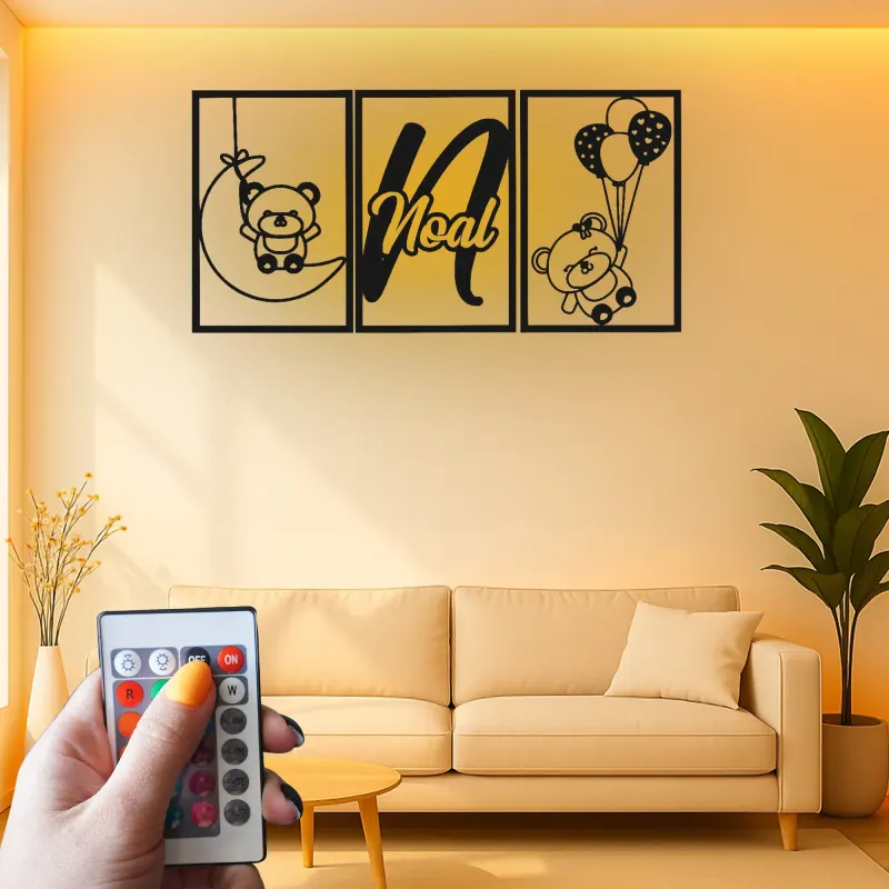 Cartel de nombre de oso de peluche personalizado | Arte mural de metal LED para guardería | Decoración de habitación de bebé personalizada | Regalo de recuerdo para recién nacidos