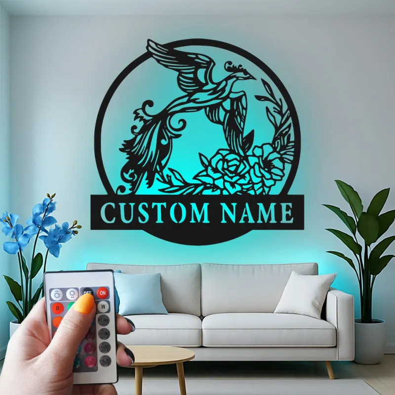 Décoration murale en métal personnalisée Phoenix et Floral avec rétroéclairage LED - Cadeau pour couples pour la chambre ou le salon