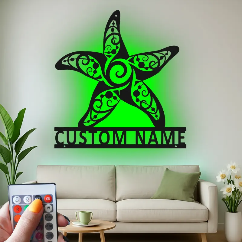 Art mural en métal étoile de mer avec rétroéclairage LED | Panneau de nom personnalisé pour décor côtier | Cadeau de maison de plage nautique sur mesure et signalétique d'entreprise