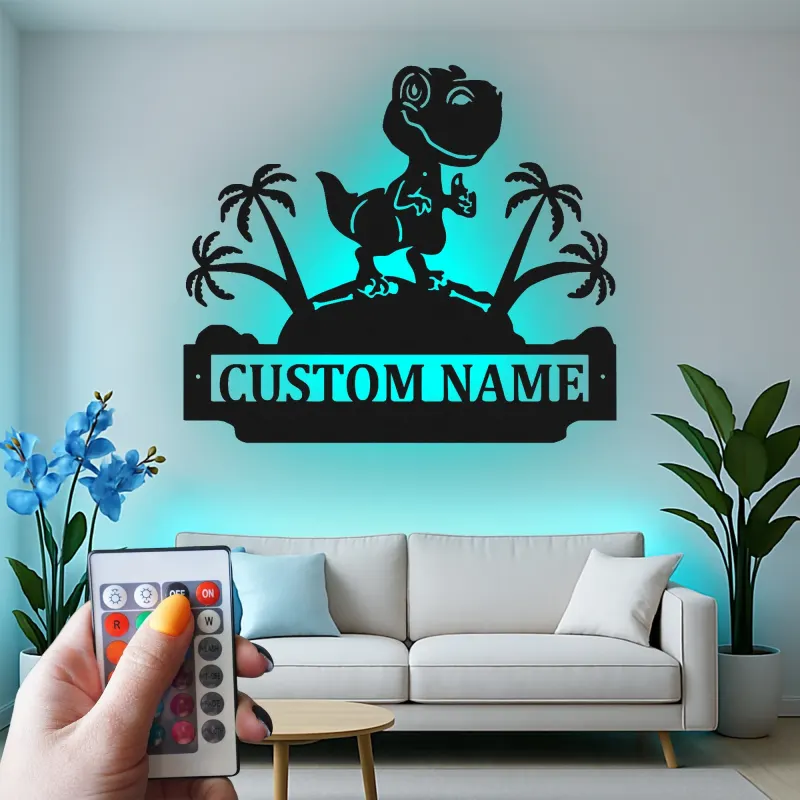 Cartel de metal LED de dinosaurio personalizado para regalo de habitación infantil, decoración de guardería con diseño de T-Rex