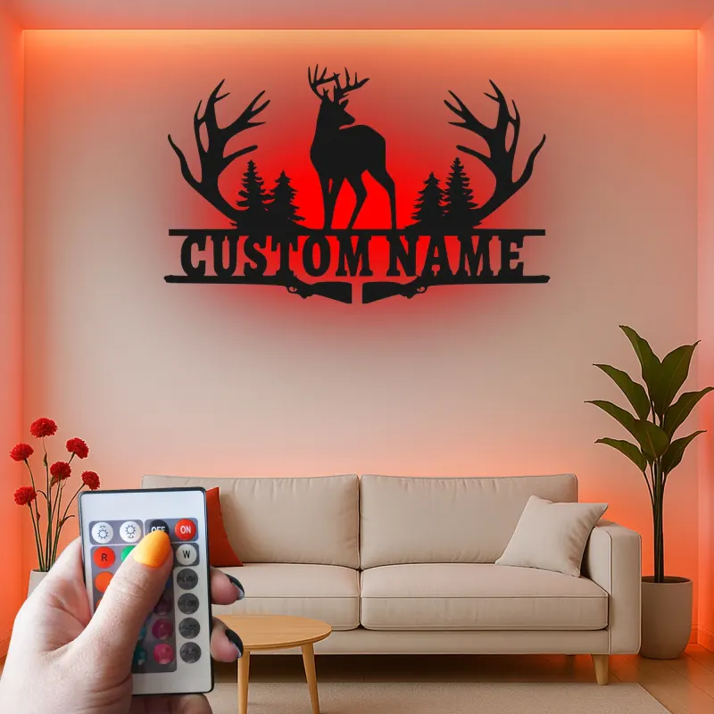 Personalisierte LED-Metall-Wandkunst mit Hirschgeweih – Geschenk für Jäger, rustikale Hüttendeko
