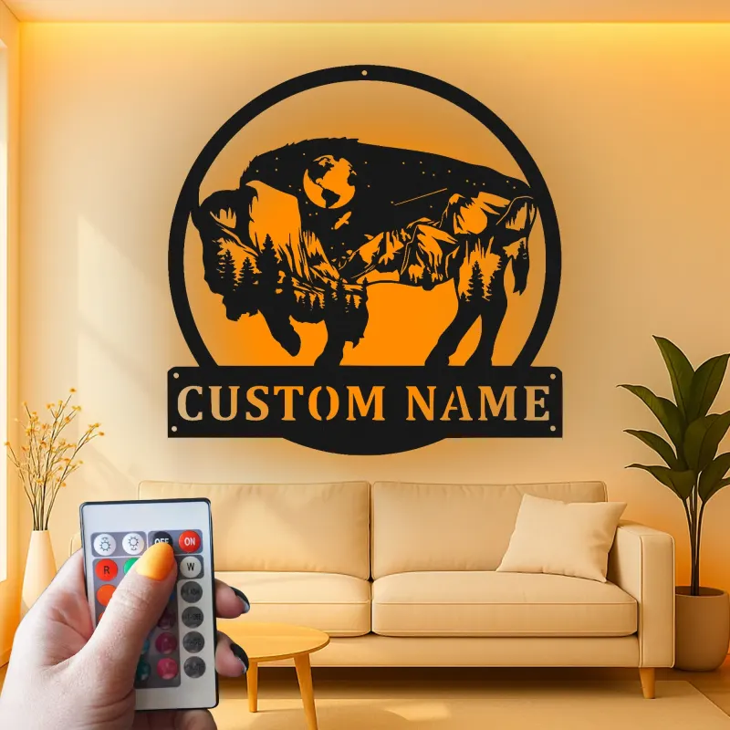 Custom Bison Mountain Scene Led Light Metal Wall Art Personalized Nature Lover Gift Rustic Home Decor